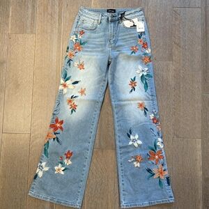 DRIFTWOOD Blue and Orange Flare Jeans with Floral Embroidery